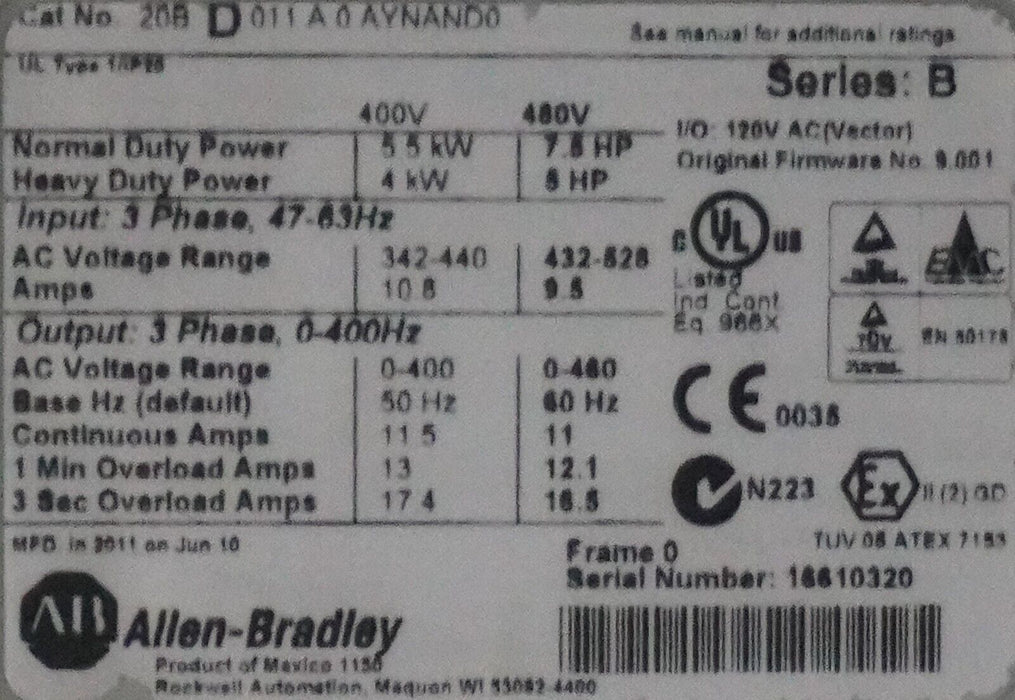 Low Hours Allen-Bradley PowerFlex 700 7.5HP VFD 20BD011A0AYNAND0 FRN:9.001