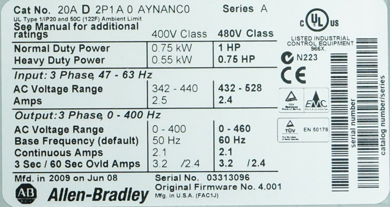 Allen-Bradley PowerFlex 70 1 HP 20AD2P1A0AYNANC0 480 VAC FRN:4.001 Tested Good