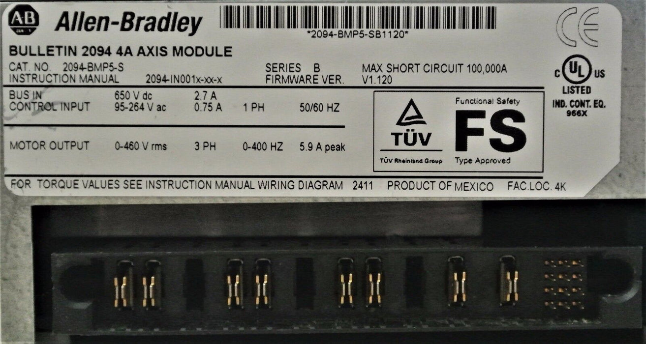 ALLEN-BRADLEY KINETIX 6000 2094-BMP5-S 4 AMPS Ver. 1.120 No Terminal Connectors