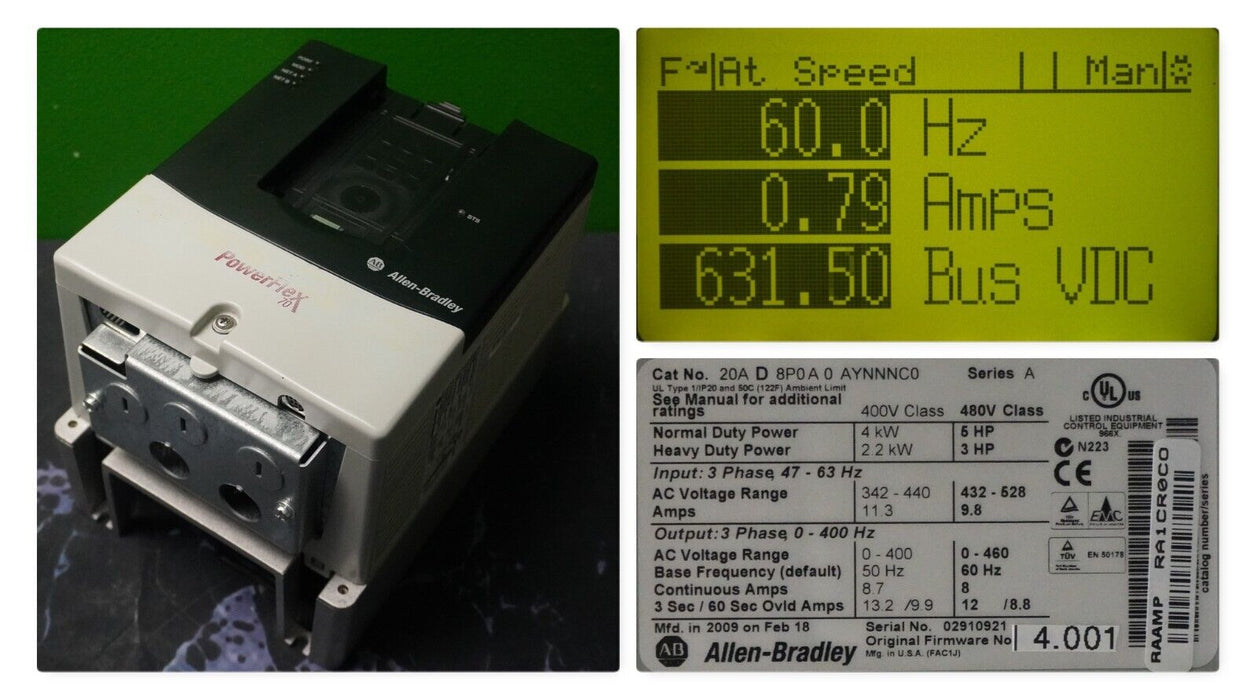 Allen-Bradley PowerFlex 70 5 HP 20AD8P0A0AYNNNC0 480VAC Tested FRN:4.001