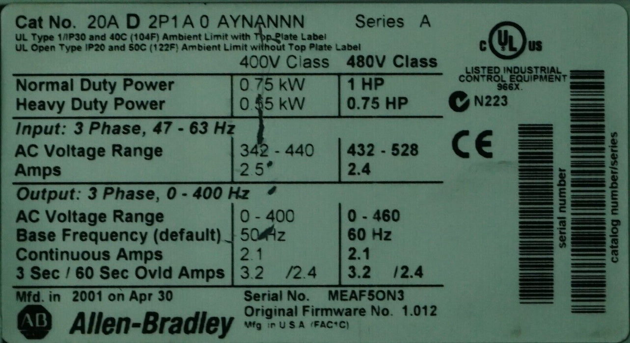 Low HR Allen-Bradley PowerFlex 70 1HP 20AD2P1A0AYNANNNN 480 VAC FRN:1.012 Tested