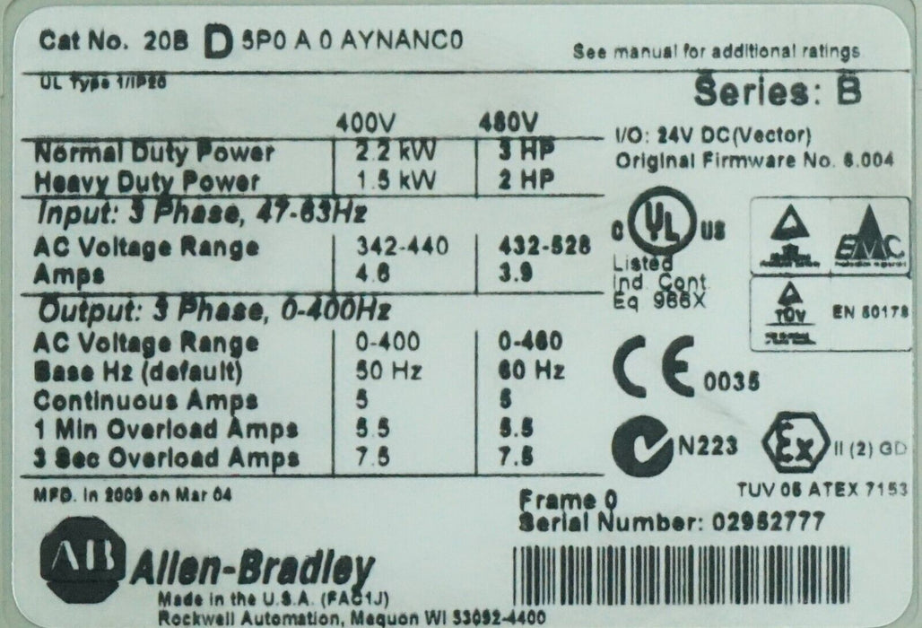 Allen Bradley 20BD5P0A0AYNANC0/B PowerFlex 700 3HP 480 VAC FRN:6.004