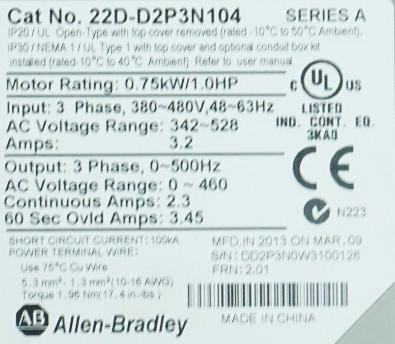 Low Hours Allen-Bradley 22D-D2P3N104 PowerFlex40P FRN:2.01 Series A Tested Good