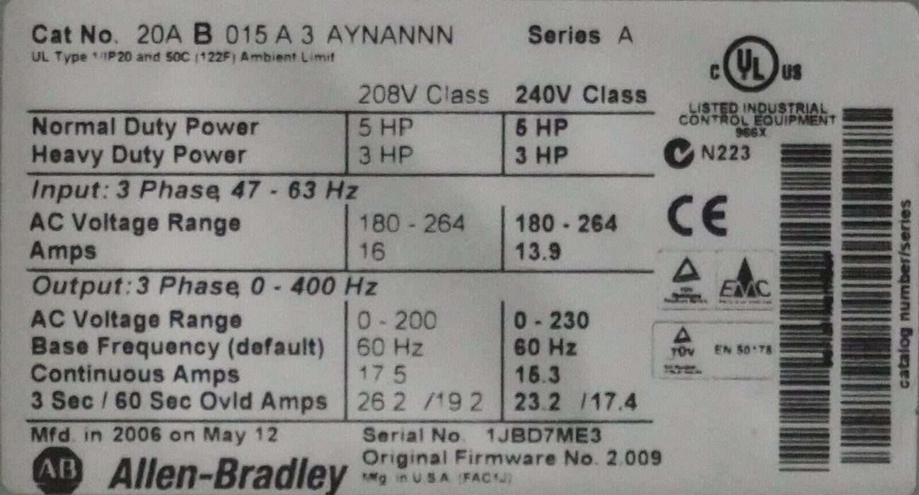 Zero Hours Allen-Bradley PowerFlex 70 5 HP 20AB015A3AYNANNN 240VAC FRN:2.009