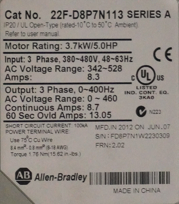 Allen-Bradley 22F-D8P7N113 Series A PowerFlex 4M AC Drive 3-P 5HP FRN:2.02