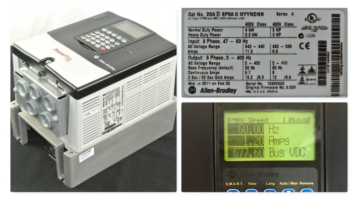 LOW HOURS Allen-Bradley 20AD8P0A0NYYNDNN Power Flex 70 Drive 5 HP FRM 2.009