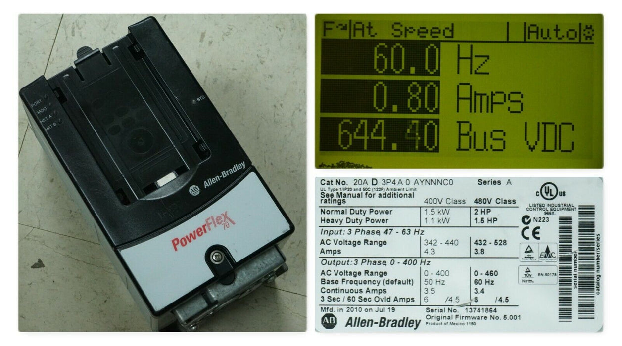 Allen-Bradley PowerFlex 70 2HP 20AD3P4A0AYNNNC0 Tested Good FRN:5.001