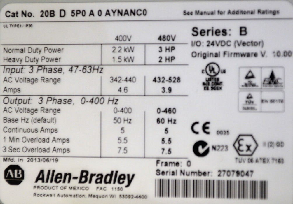 Low Hr Allen-Bradley PowerFlex 700 3 HP 20BD5P0A0AYNANC0 480 VAC 10.00 Firmware