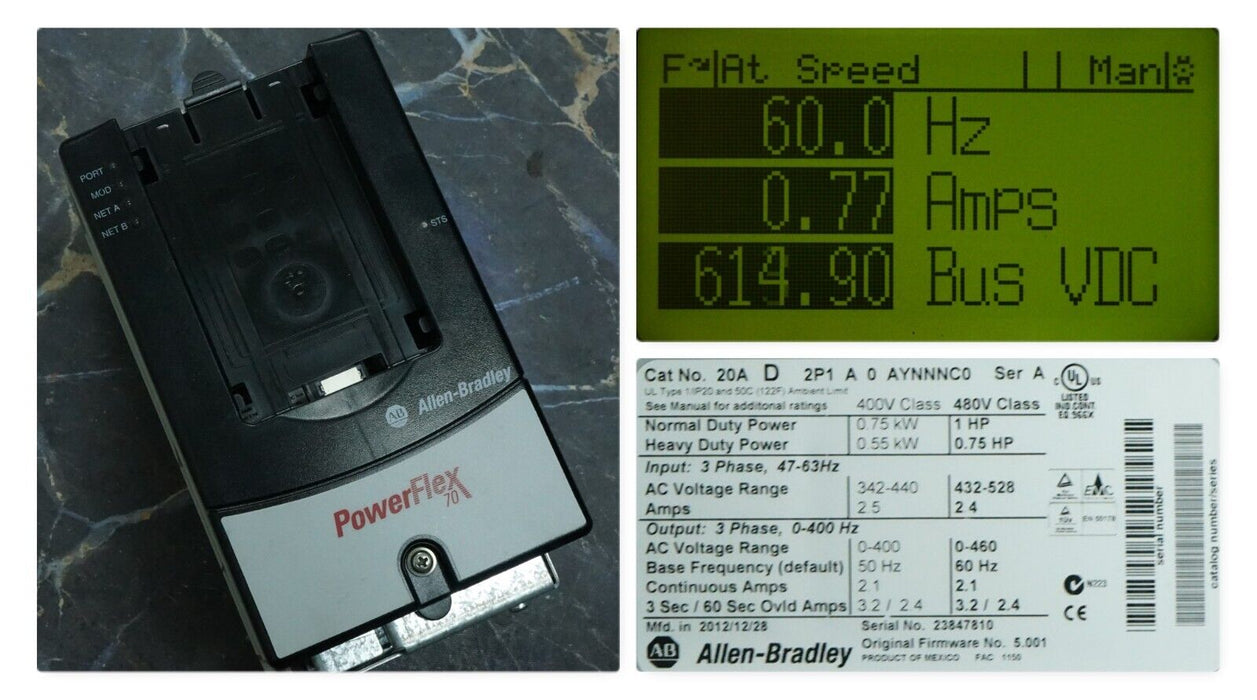 Low-Run Hrs Allen-Bradley 20AD2P1A0AYNNNC0 PowerFlex70 1HP 480VAC FRN:5.001