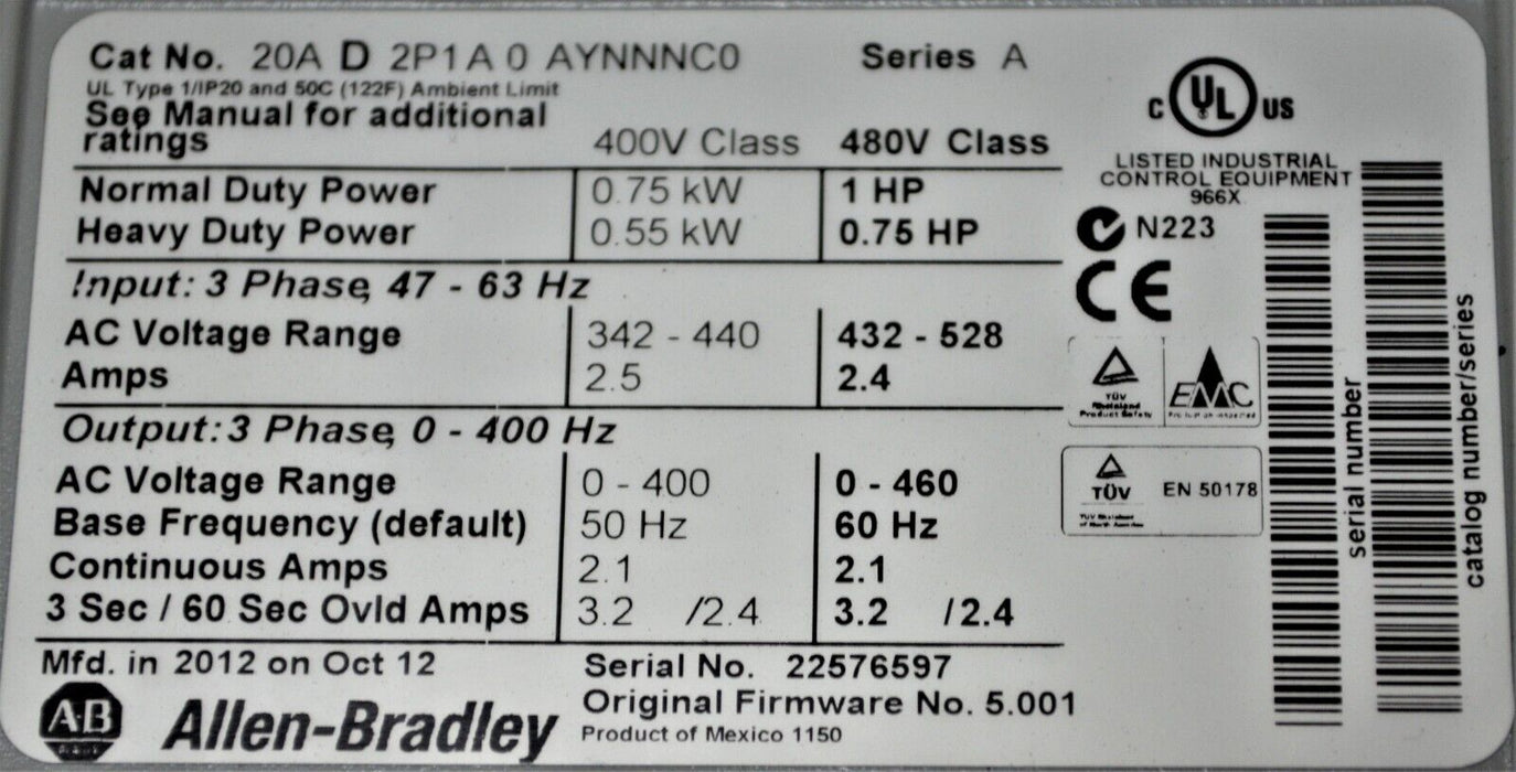 Allen-Bradley PowerFlex 70 1 HP 20AD2P1A0AYNNNC0  FRN 5.001 480V Tested Good