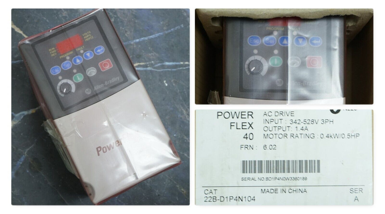 New Allen-Bradley 1/2HP Powerflex 40 22B-D1P4N104 Ser. A Tested Good FRN: 6.02