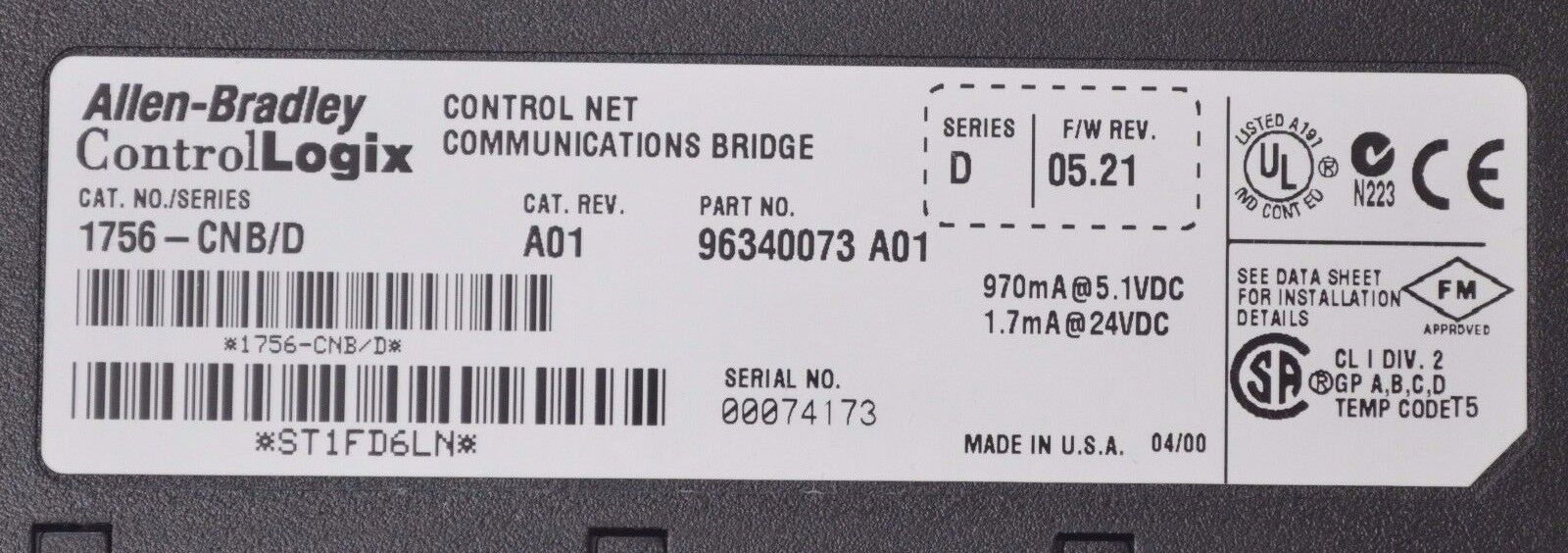 Allen Bradley 1756-CNB /D Firmware 5.21 ControlLogix ControlNet Bridge Module