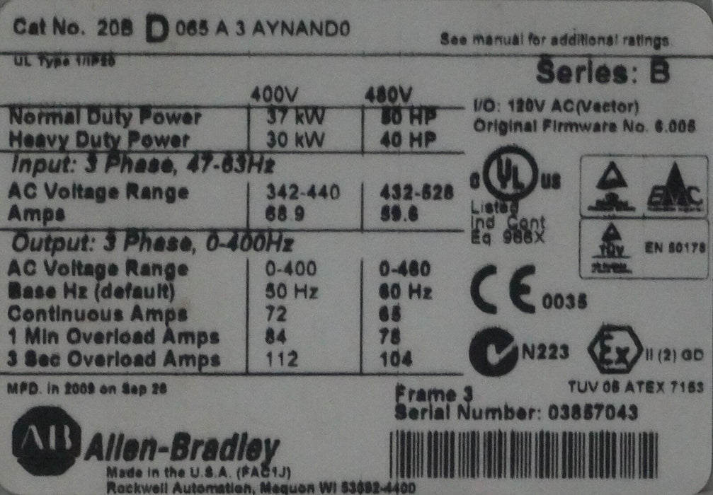 Allen-Bradley PowerFlex 700 50HP 20BD065A3AYNAND0 Series B FRN:6.006 Tested Good