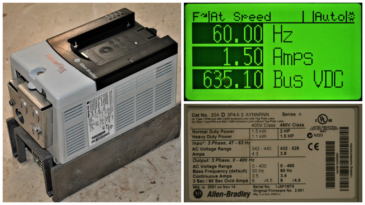 Allen-Bradley PowerFlex 70 2 HP 20AD3P4A3AYNNRNN 480 VAC FRN 2.001 Tested