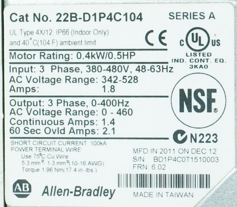 Low Hours Allen Bradley 22B-D1P4C104 PowerFlex 40 Drive Series A 6.02