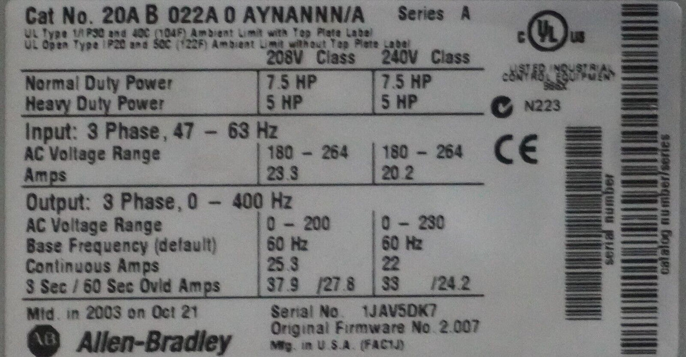 Allen Bradley PowerFlex 70 20AB022A0AYNANNN Series A  240VAC FRN:2.007