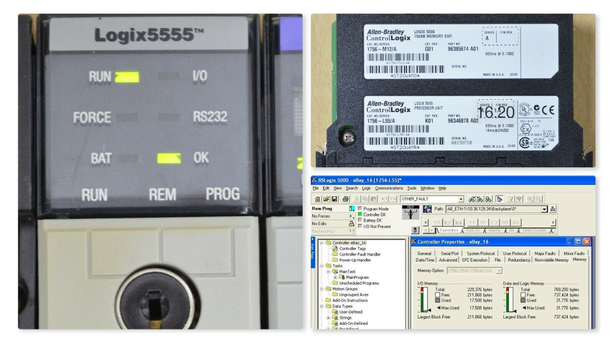 Allen Bradley 1756-L55/A W/ 1756-M12/A ControlLogix 5555 VER 16.20 Tested Good