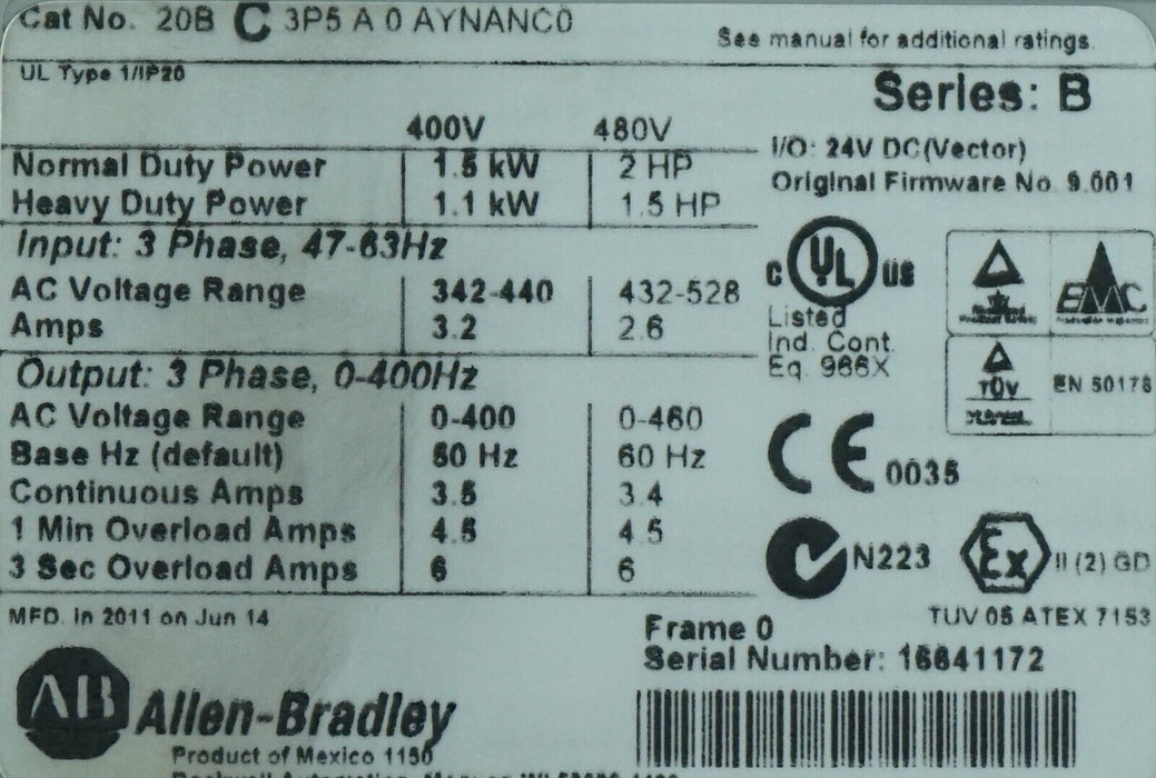 Zero Hrs Allen Bradley PowerFlex 700 2HP 20BC3P5A0AYNANC0 400 VAC FRN:9.001