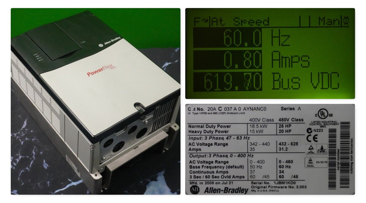 Low Hours Allen-Bradley 20AC037A0AYNANC0 25HP 480V Powerflex 70 FRN:3.003