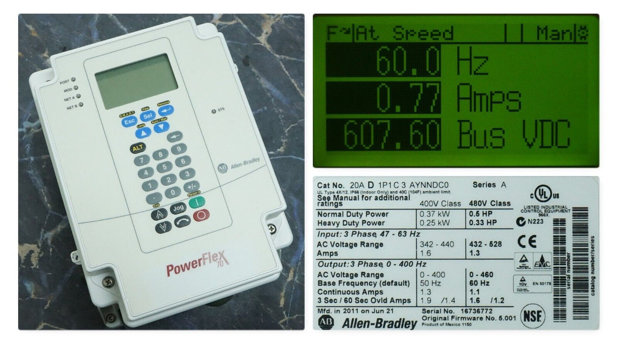 Low Hour Allen-Bradley PowerFlex 70 .5HP 20AD1P1C3AYNNDC0 Tested Good FRN:5.001