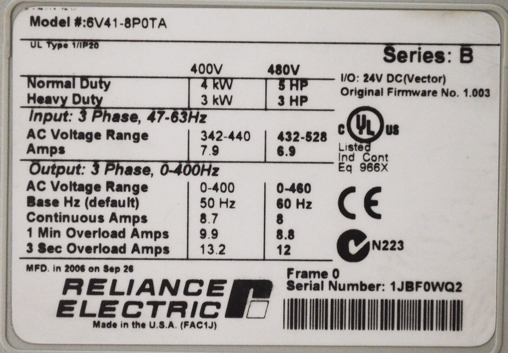 Reliance Electric GV6000  6V41-8P0TA  5 HP 480 VAC VERSION 1.003 Tested Good QTY