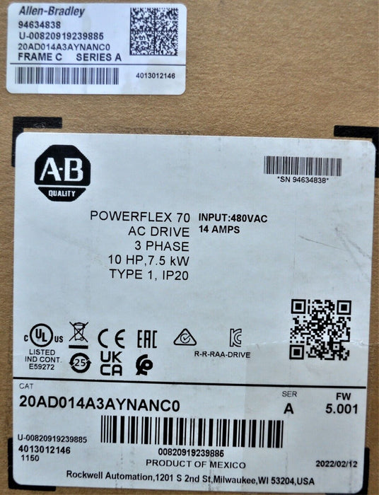 NEW 2022 Allen-Bradley 20AD014A3AYNANC0 PowerFlex 70 10 HP 480 VAC FRN: 5.001