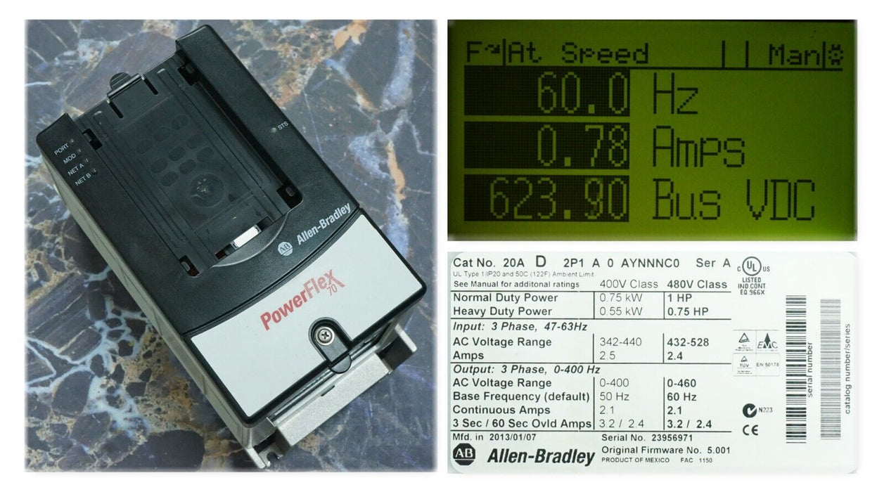 Allen-Bradley PowerFlex70 20AD3P4A0AYNNNC0/A 2HP 480VAC Drive FRN:5.001