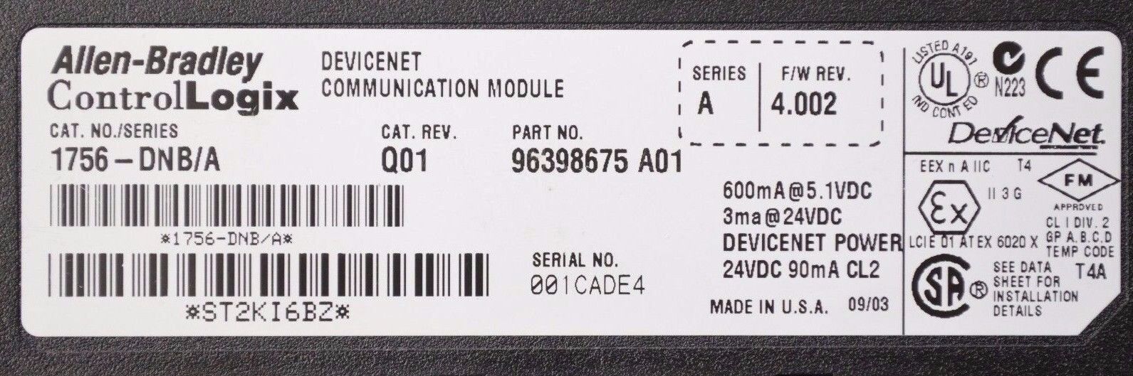 Allen Bradley 1756-DNB/A Device Net Communications Module Firmware 4.002