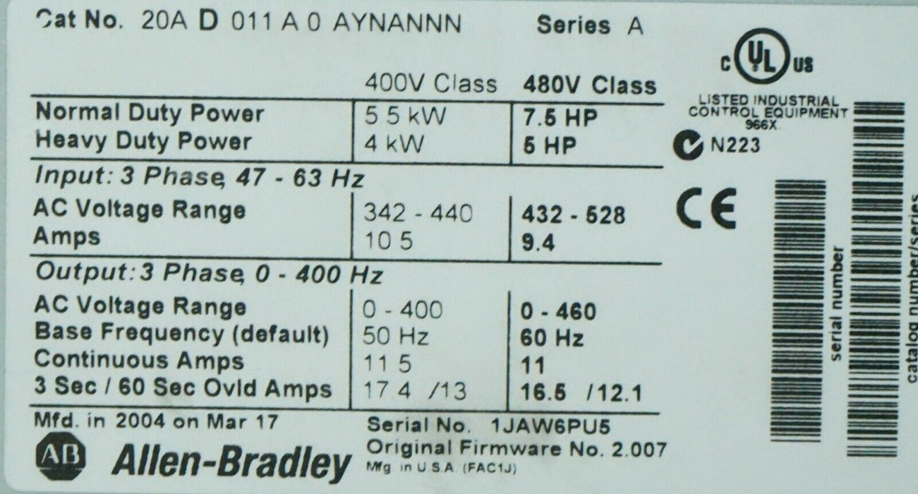 Allen-Bradley PowerFlex 70  7.5 HP 20AD011A0AYNANNN 480 VAC FRN. 2.007