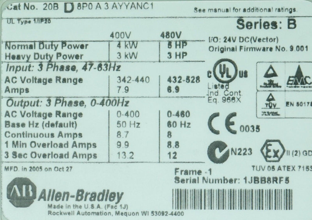 Allen-Bradley PowerFlex 700 5HP 20BD8P0A3AYYANC1 480VAC FRN:9.001