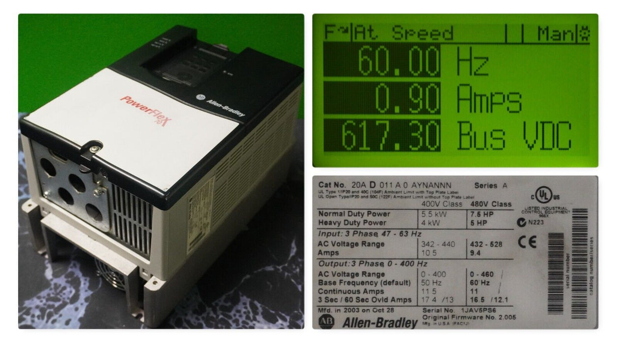 Allen-Bradley PowerFlex 70 7.5 HP 20AD011A0AYNANNN 480 VAC Tested Good FRN:2.005