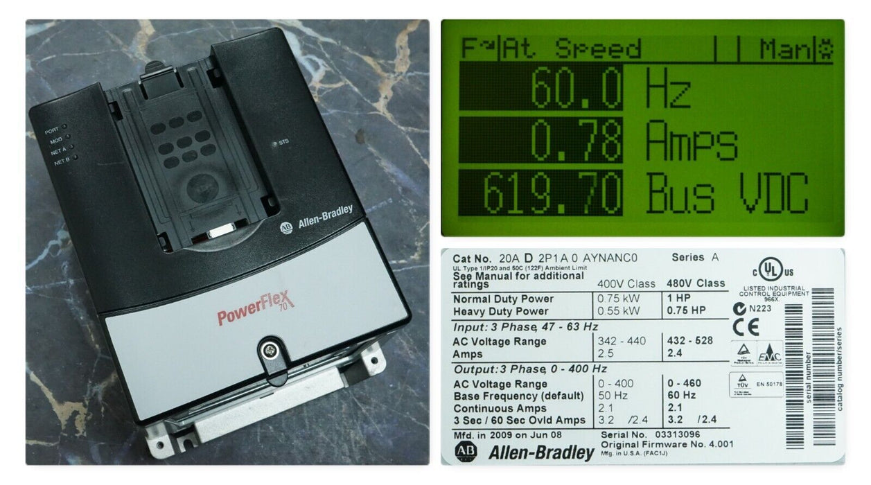 Allen-Bradley PowerFlex 70 1 HP 20AD2P1A0AYNANC0 480 VAC FRN:4.001 Tested Good