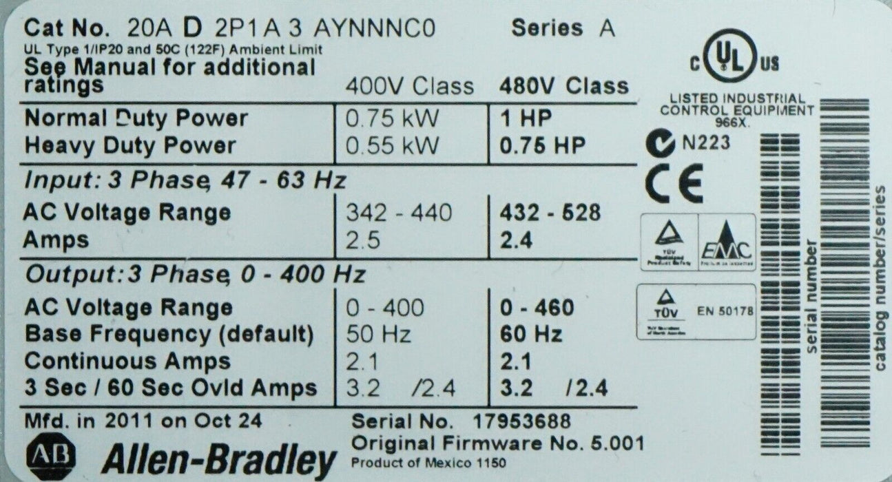 Allen-Bradley 20AD2P1A3AYNNNC0 PowerFlex70 1HP 480VAC FRN:5.001