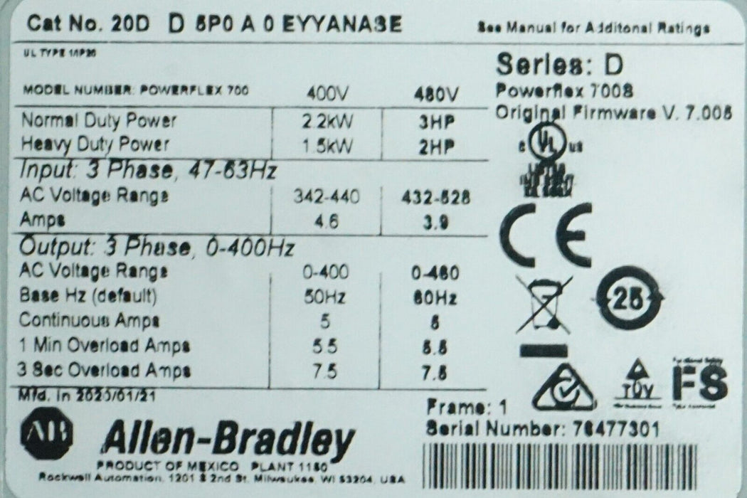 2020 Allen Bradley 20DD5P0A0EYYANASE Powerflex 700S Drive 3hp FRN:7.005