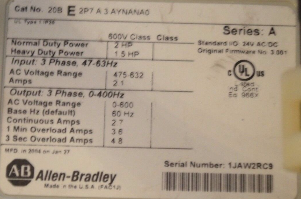 Allen-Bradley PowerFlex 700 2 HP 20BE2P7A3AYNANA0 600 VAC Tested Good Clean