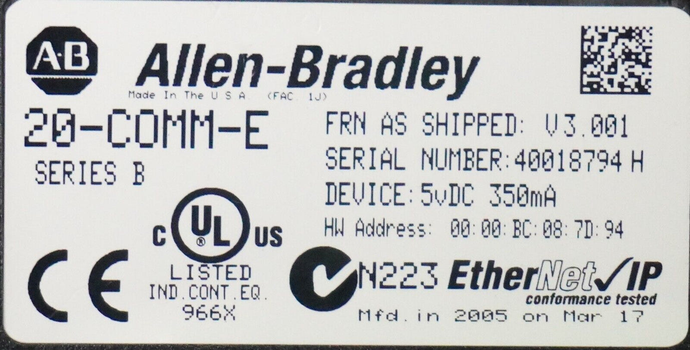 Allen-Bradley 20-COMM-E Powerflex 700 Ethernet Adapter FRN:3.001