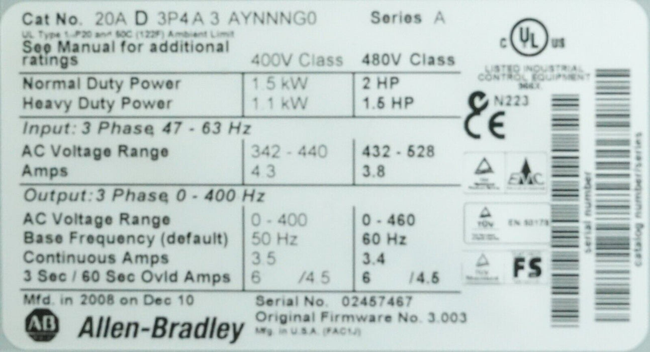 Low Hours Allen Bradley PowerFlex 70 2 HP 20AD3P4A3AYNNNG0 480 VAC FRN:3.003