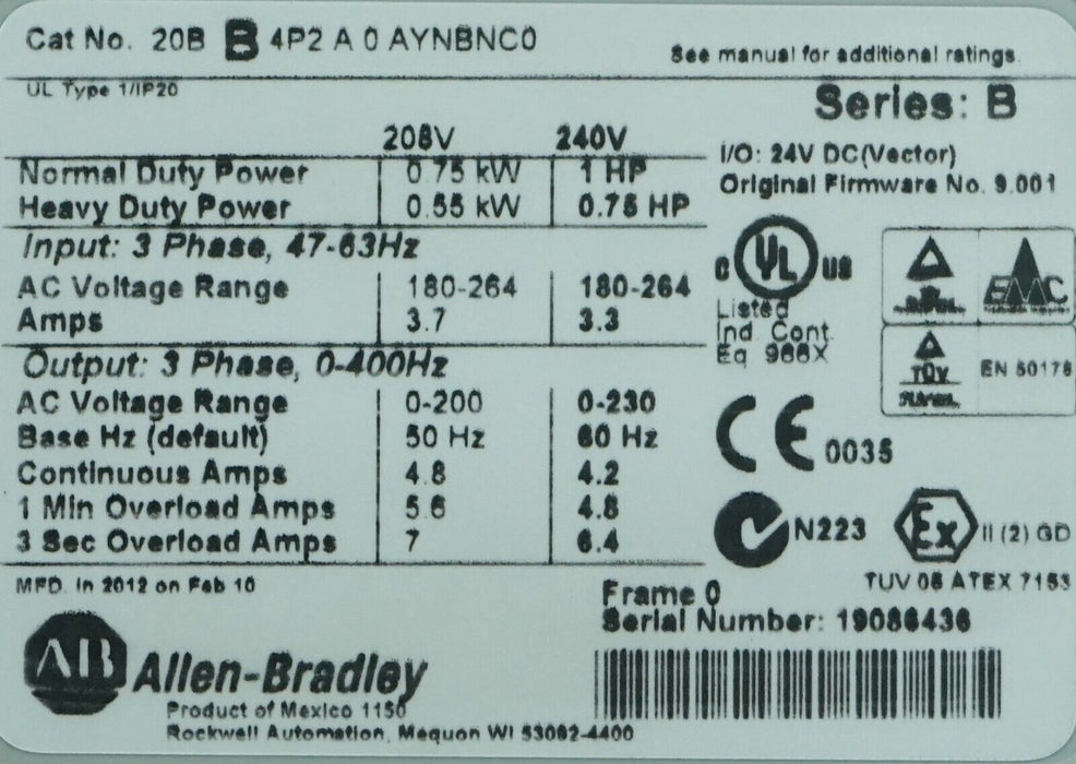 Low Hour Allen-Bradley PowerFlex 700 1HP 20BB4P2A0AYNBNC0 240VAC Tested Good