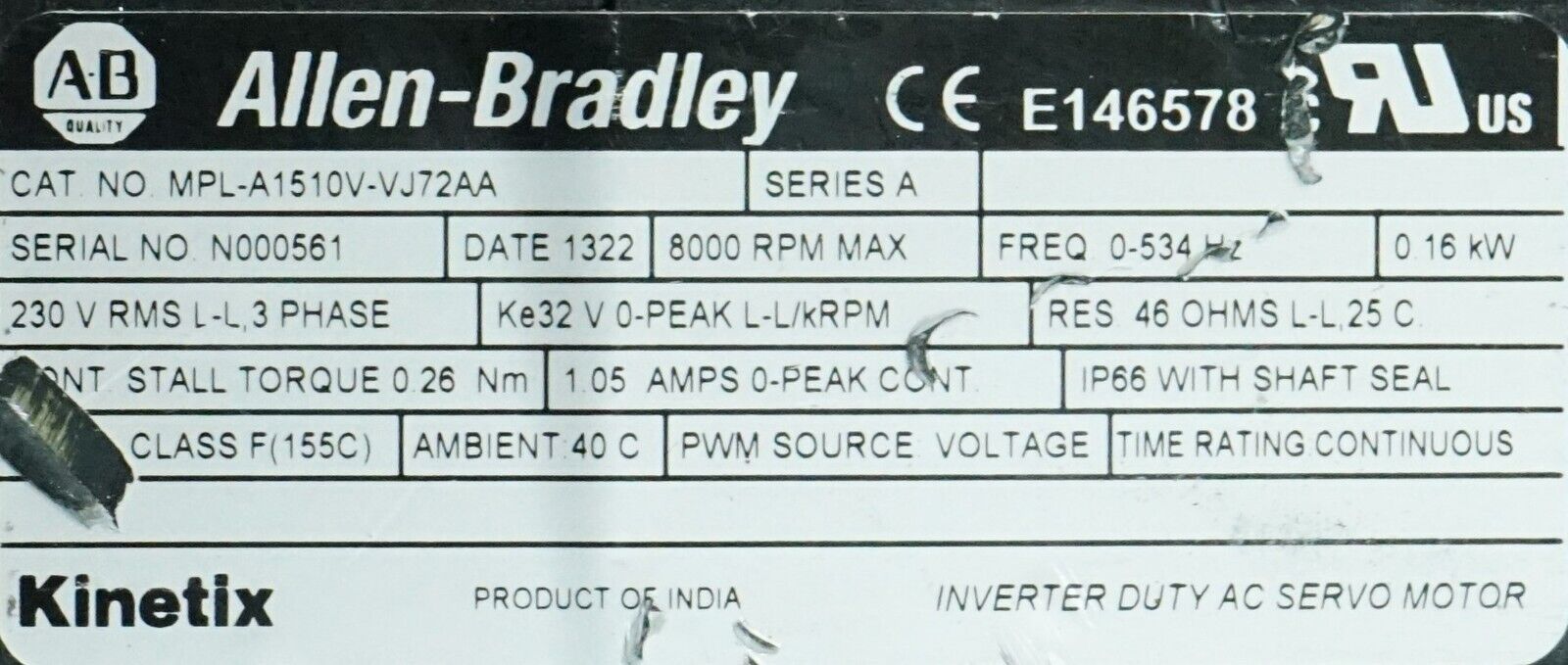 Allen Bradley MPL-A1510V-VJ72AA Servo Motor 230V AC