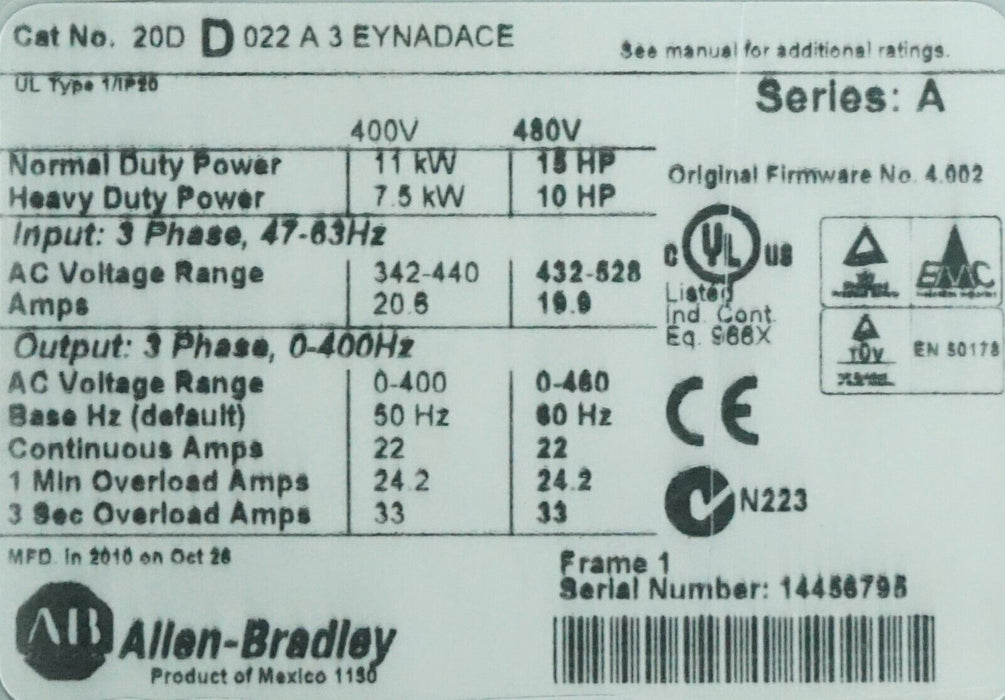 Low Hr Allen-Bradley 20DD022A3EYNADACE Ser A 15 HP Powerflex 700S AC Drive