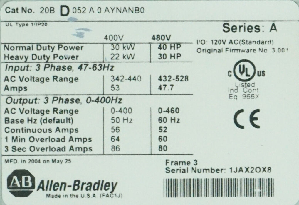 Allen-Bradley PowerFlex 700 40HP 20BD052A0AYNANB0 Series A Tested 3.001