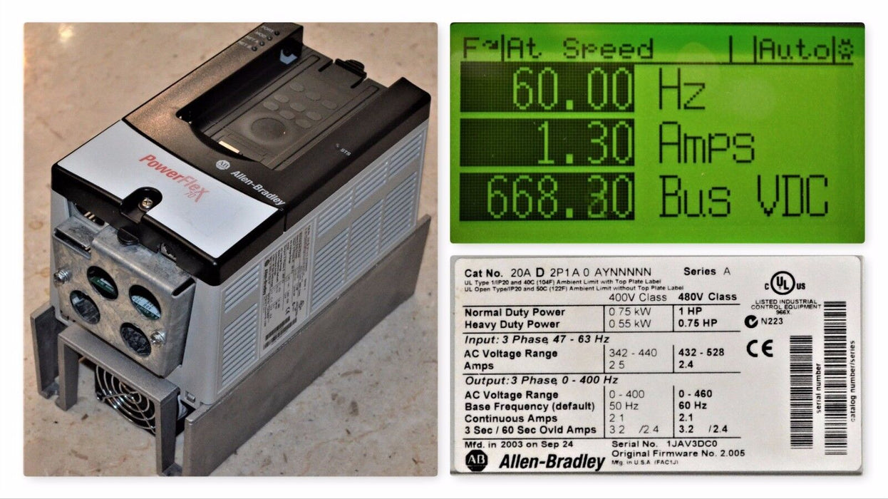 Allen-Bradley PowerFlex 70 1HP 20AD2P1A0AYNNNNN 480VAC FRN 2.005 Tested Good