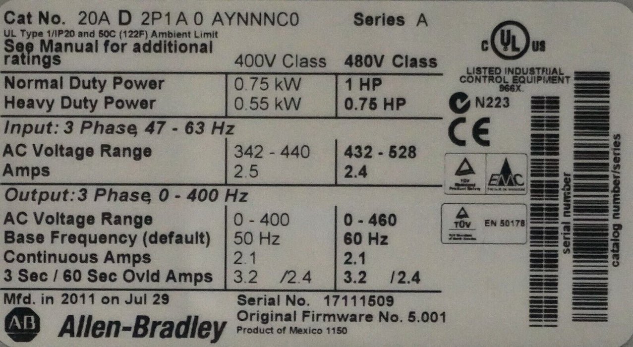 Allen-Bradley PowerFlex 70 1HP 20AD2P1A0AYNNNC0 480V FRN:5.001 Tested Good