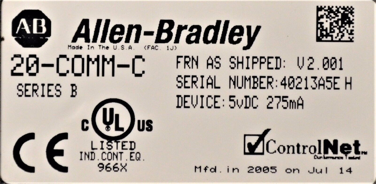 Allen Bradley 20-COMM-C  Controlnet Adapter Ser. B Firmware V 2.001 Tested Good