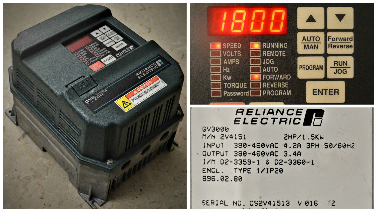 RELIANCE ELECTRIC GV3000 INVERTER 2 HP 2V4151 VER. 5.12 AC DRIVE TESTED GOOD