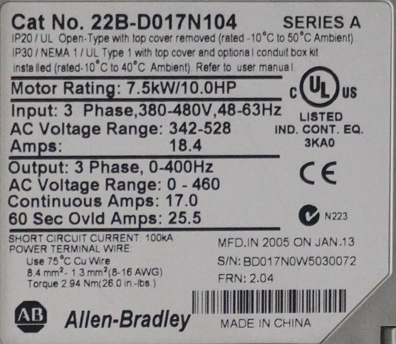 Allen-Bradley 10HP Powerflex40 22B-D017N104 Ser. A Tested Good FRN:2.04