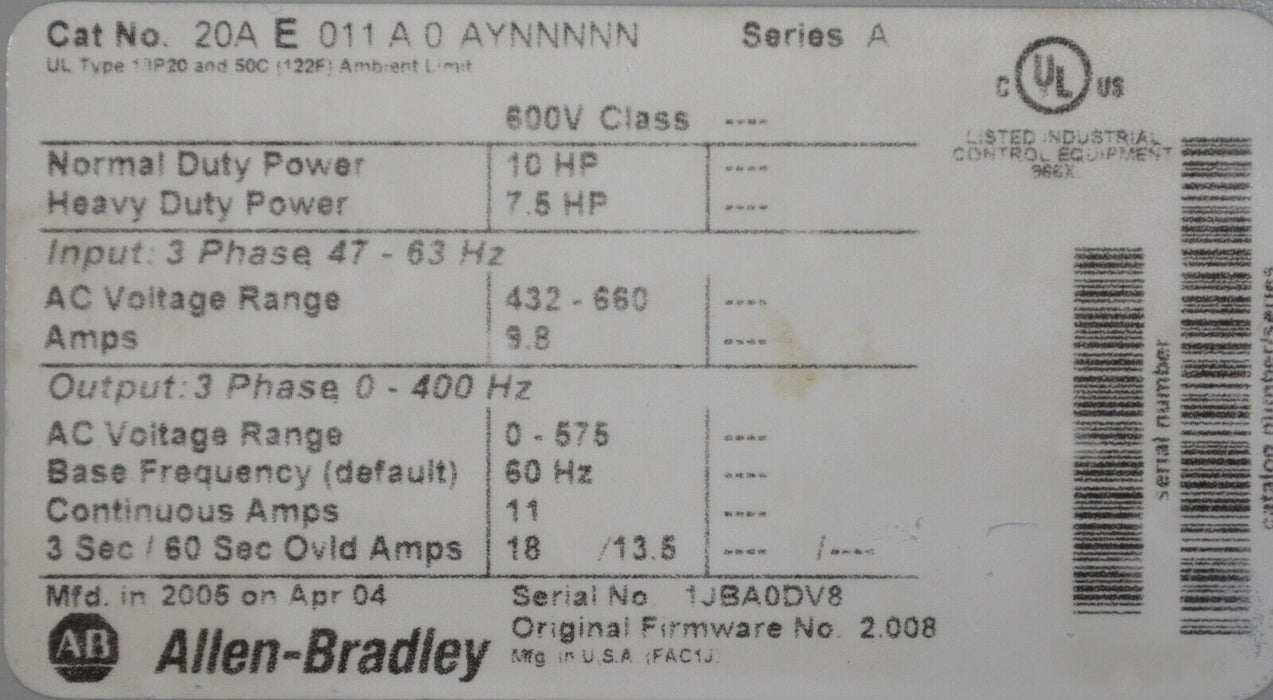 Allen-Bradley PowerFlex 70 10HP 20AE011A0AYNNNNN 600 VAC Tested Clean FRN:2.008