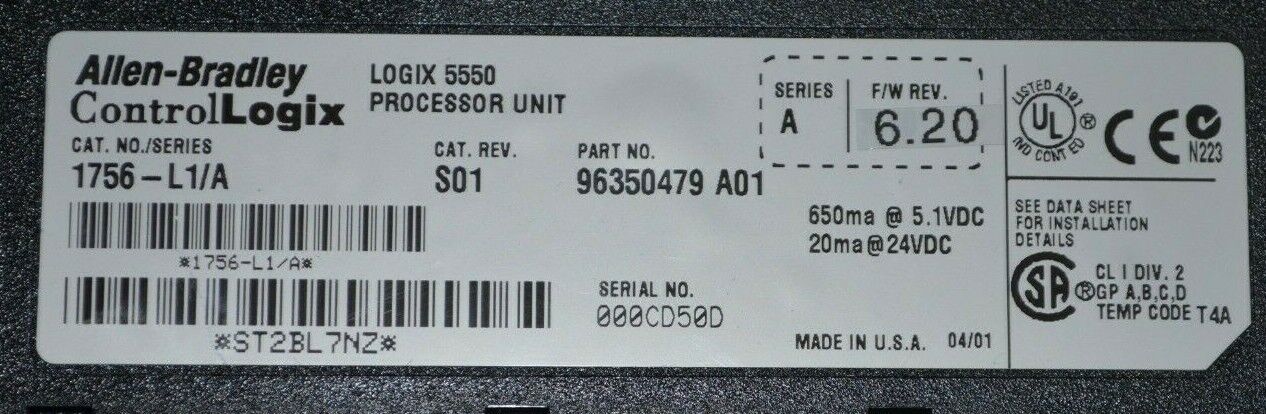 Allen Bradley 1756-L1/A ControlLogix 5550 Processor PLC Tested Good FRN. 6.20