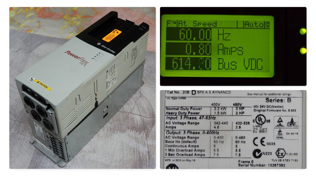 Low Hours Allen Bradley 20BD5P0A0AYNANC0/B PowerFlex 700 3HP 480 VAC FRN:8.002