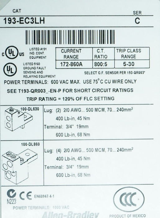 New Allen Bradley 193-EC3LH Ser C E3 Plus DeviceNet Solid State Overload Relay